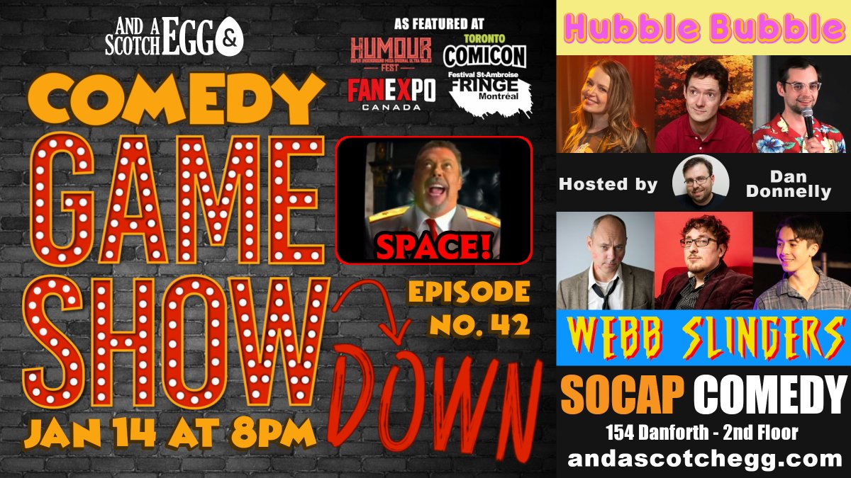andascotchegg's tweet image. Mark your calendars!

Our next episode, SPACE!, is Jan 14 at the SoCap!

Tix ($20): comedygameshowdown.eventbrite.ca

#Comedy #PanelShow #Toronto #TorontoComedy #TorontoEvents #Danforth #Space