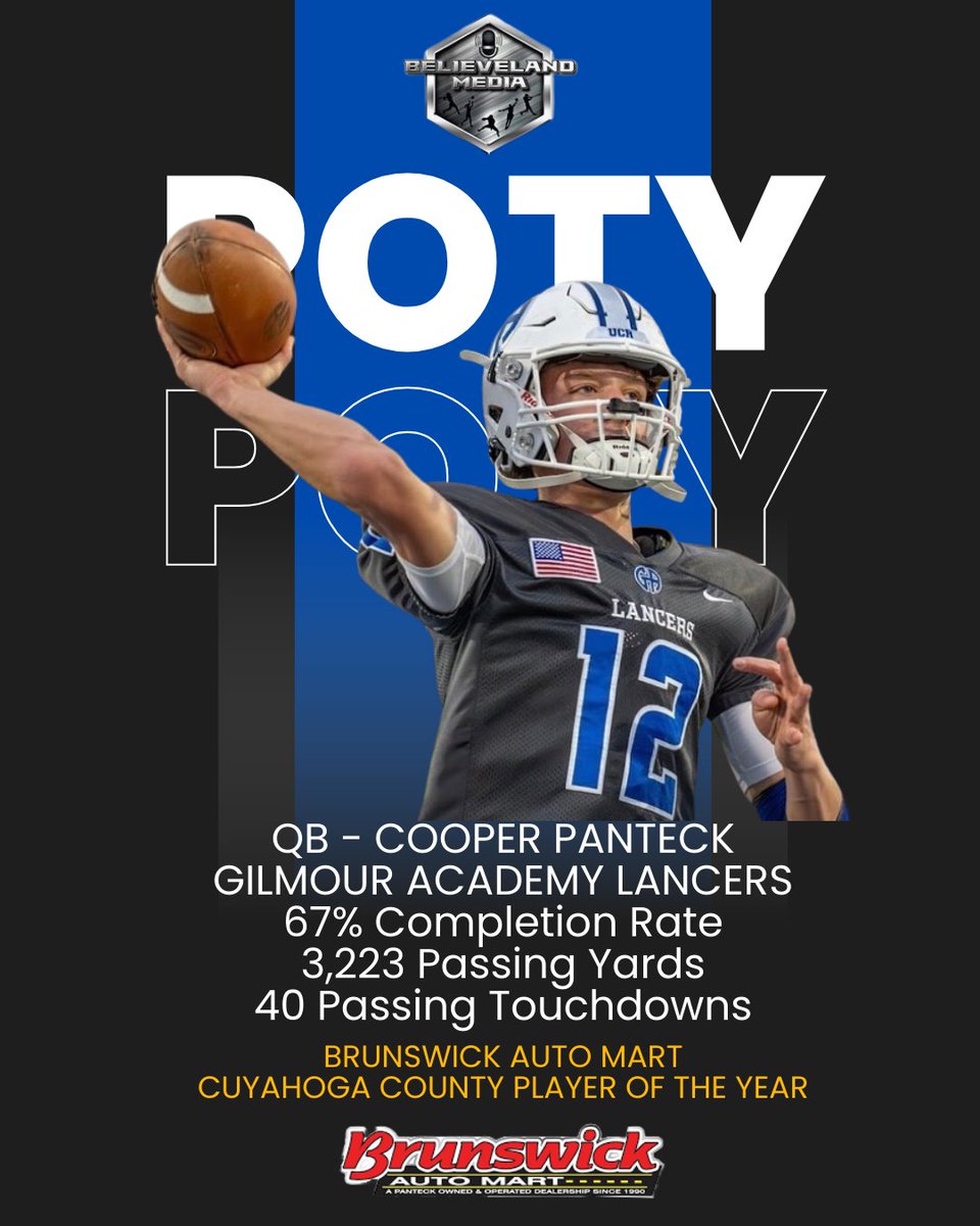 Small Towne Media (@smalltownemedia) on Twitter photo Congratulations to our Brunswick Auto Mart 2024 Cuyahoga County Player of the Year, QB Cooper Panteck of the Gilmour Academy Lancers!
<a href="/GALancerFB/">Gilmour Academy Football</a> <a href="/GALancerAD/">Gilmour Athletics</a> <a href="/PanteckCooper/">Cooper Panteck</a> <a href="/CoachTomKaufman/">Tom Kaufman 🇺🇸</a> <a href="/stephpanteck/">Stephanie Panteck</a> Congratulations to our Brunswick Auto Mart 2024 Cuyahoga County Player of the Year, QB Cooper Panteck of the Gilmour Academy Lancers!
<a href="/GALancerFB/">Gilmour Academy Football</a> <a href="/GALancerAD/">Gilmour Athletics</a> <a href="/PanteckCooper/">Cooper Panteck</a> <a href="/CoachTomKaufman/">Tom Kaufman 🇺🇸</a> <a href="/stephpanteck/">Stephanie Panteck</a>