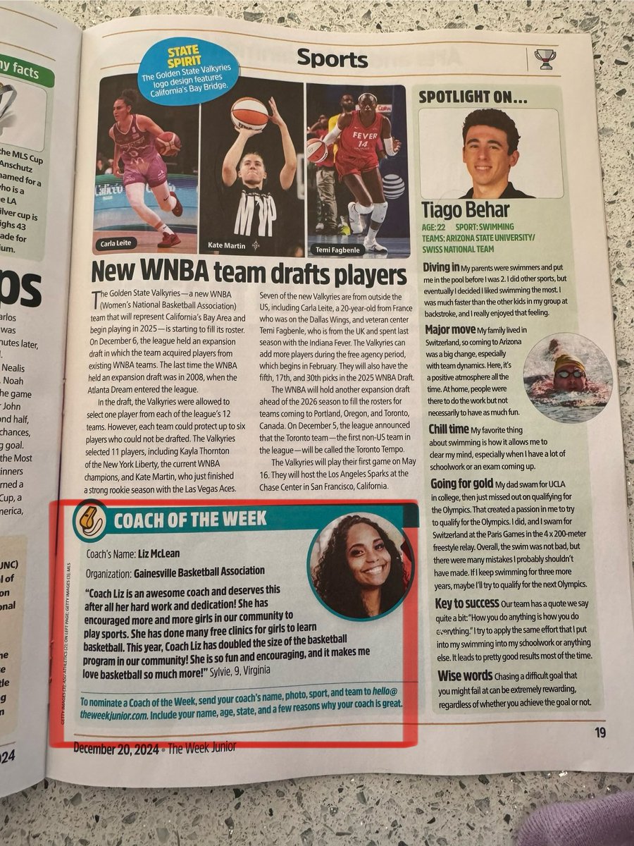 Shoutout to GBA’s own Liz McLean, for receiving Coach of the Week in The Week Junior Magazine, a national children’s magazine! Congrats Coach and thank you for all you do!
