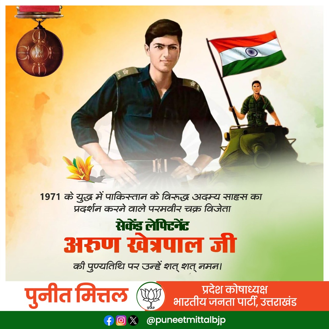 1971 के युद्ध में पाकिस्तान के विरुद्ध अदम्य साहस का प्रदर्शन करने वाले परमवीर चक्र विजेता सेकेंड लेफ्टिनेंट अरुण खेत्रपाल जी की पुण्यतिथि पर उन्हें शत् शत् नमन ।
