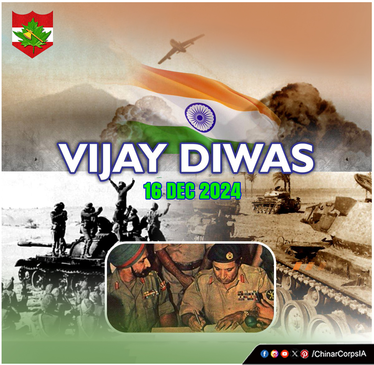 "Victory forged by courage ~ Honour preserved by sacrifice"

#ChinarCorps extends warm wishes to all #citizens on the occasion of #VijayDiwas2024. This day is celebrated to commemorate India’s momentous #victory over #PakistanArmy in the #IndoPakWar1971 &amp; the liberation of