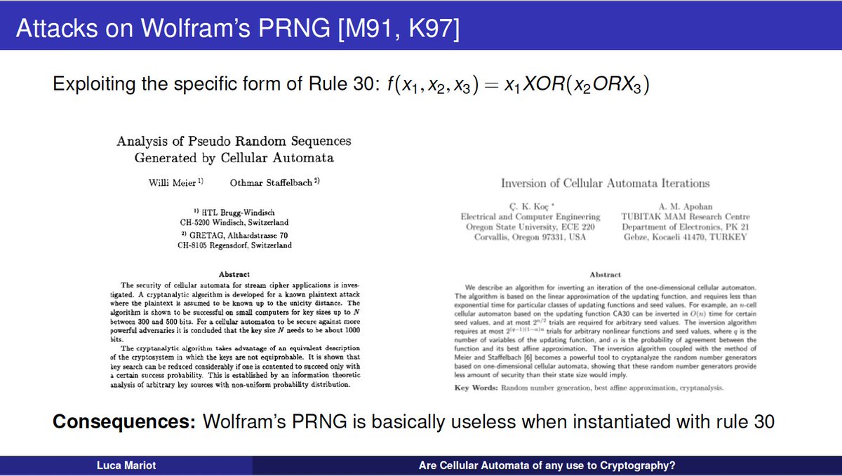 Meier &amp; Staffelbach and Apohan &amp; Koç paper essentially broke cellular automata based PRNGs