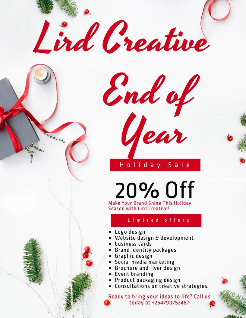Lird_creative's tweet photo. ✨ Wrap up 2024 with Lird Creative’s End-Year Offer! ✨
Everything you need to elevate your brand—logos, websites, business cards, and more—now at 20% OFF! 🎨

📅 Offer valid until Dec 31. Let’s design your success for 2025!

#LirdCreative #EndYearOffer #DesignYourBrand #lird https://t.co/hkjoJi1E1i