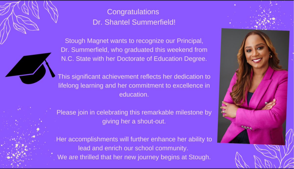 MargaretMariel2's tweet image. Please give a big CONGRATULATIONS and SHOUT-OUT  to my new partner @StoughStallions - Dr. Shantel Summerfield! She has reason to celebrate!  She was awarded her Doctorate of Education from @NCState @NCStateCED over the weekend! #Accomplished #YouDidIt! #RoleModel @PtaStough