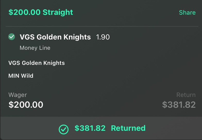 1WinADay4U's tweet photo. STRAIGHT BET KING, THANKS @GoldenKnights  

#SportsBettingX https://t.co/pTXH7ud2nU