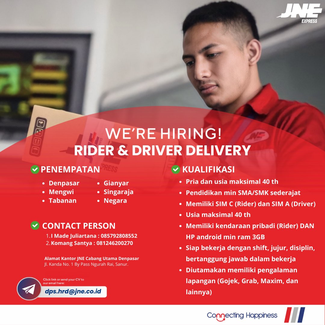 Halo semeton Bali🙌

JNE Cabang Utama Denpasar membuka kesempatan berkarir untuk #TemanJNE yang ingin bergabung bersama JNE di posisi Rider dan Driver Delivery di berbagai wilayah.

Yuk kirimkan lamaranmu ke email &amp; kontak yang tertera🤗
#LokerBali #LowonganKerja
