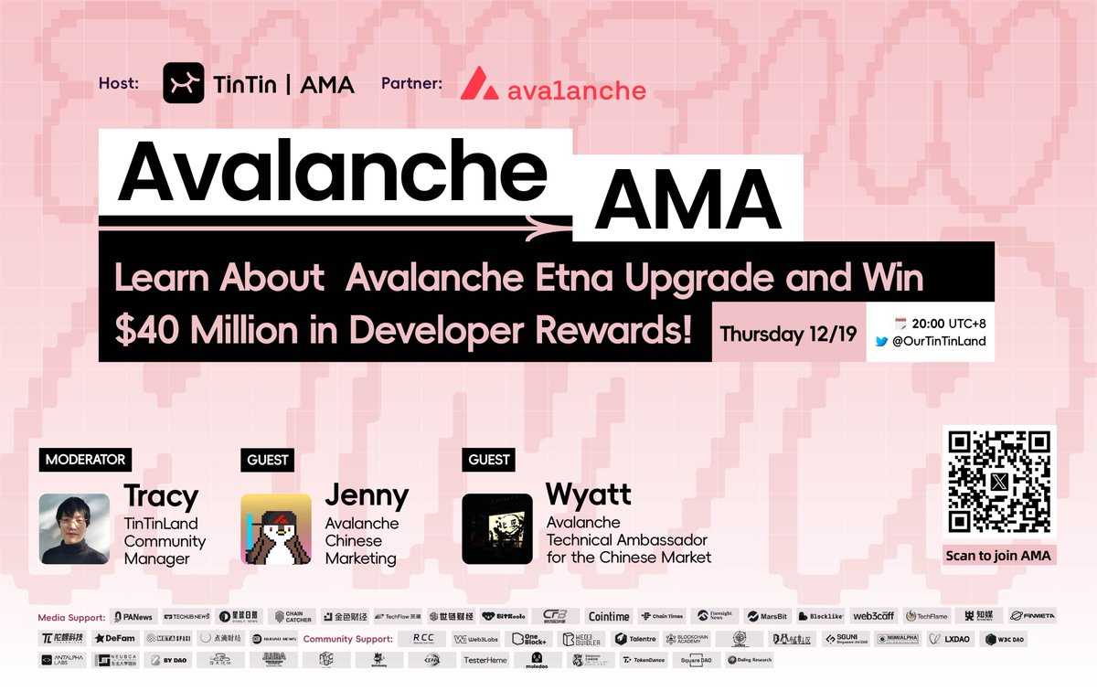 📢 #TinTinAMA Episode 24 is here! Spotlight on the 
#Avalanche Etna upgrade with $40M in developer rewards!  
🔥 Want to learn how to seize this double opportunity of technology and incentives? Don’t miss out!

📅Date：December 19 (Thursday) 20:00 UTC+8
👥 Guests:
🔹