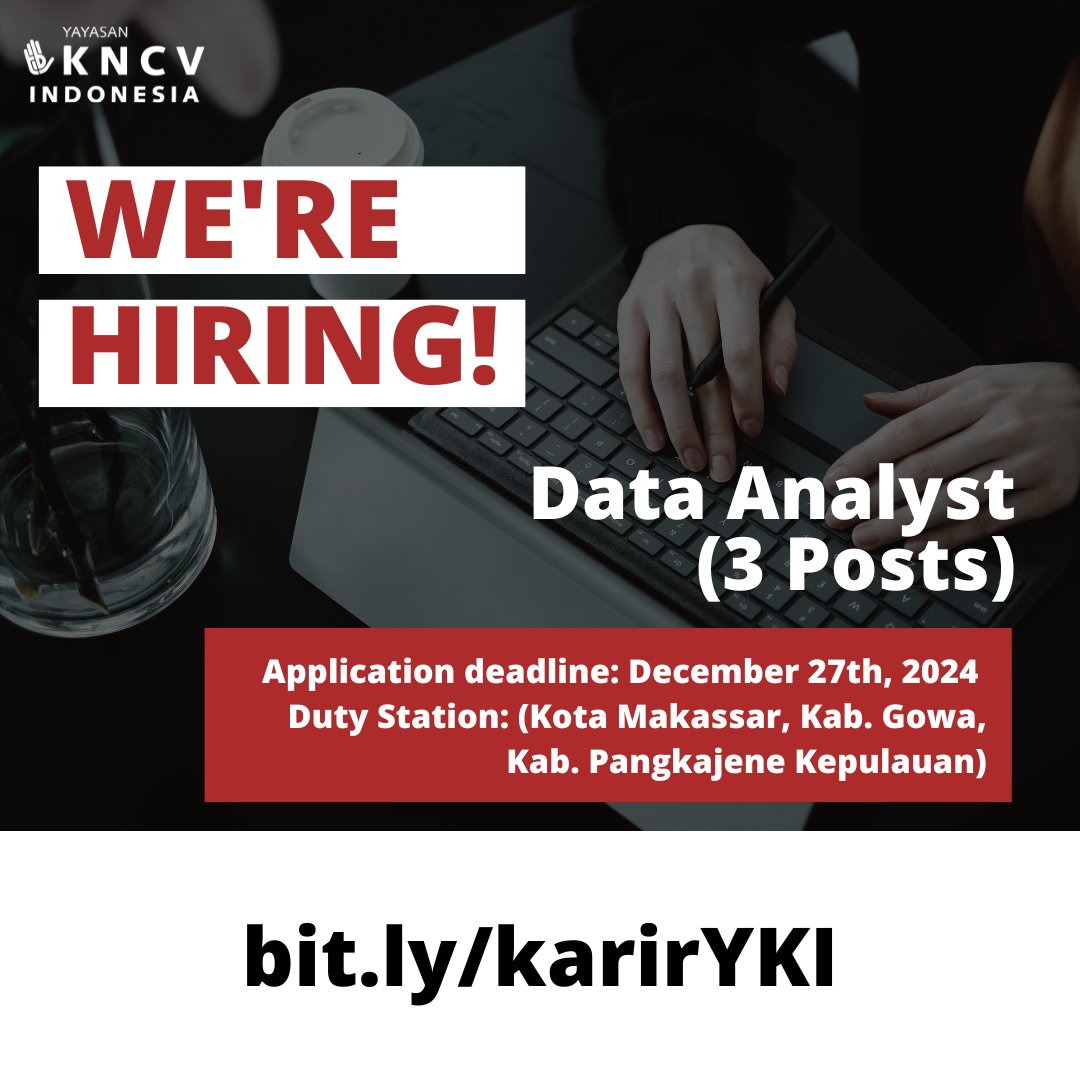 DIBUTUHKAN SEGERA!

Yuk ikut berkontribusi untuk Indonesia yang lebih baik!

Untuk informasi selengkapnya ada di bit.ly/karirYKI

#LokerMakassar #LokerKesmas #KerjaNGO #DataAnalytics