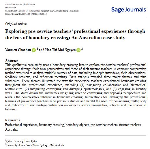 AusJournalEd's tweet photo. Exploring pre-service teachers’ professional experiences through the lens of boundary crossing: An Australian case study. #OpenAccess and just released, it is one of five articles featured in our Dec collection on Issues in #Preservice #TeacherEducation
https://t.co/d9dIg4FaNP https://t.co/TmdiZt8rW1