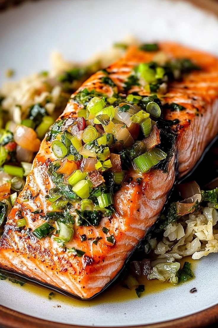 Miso Butter Salmon with Sizzled Scallion Salsa Verde