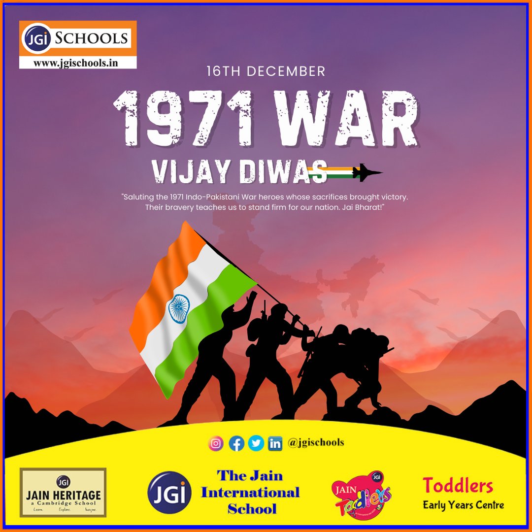 SchoolsJgi's tweet photo. On Vijay Diwas, we salute the bravery, dedication, and sacrifices of our armed forces who brought glory to the nation. 🇮🇳

Let us remember their courage and strive to uphold the values they fought for. Jai Hind! 🙏🌟

#VijayDiwas #IndiaRemembers #PrideOfTheNation #SaluteToHeroes https://t.co/g6sVjoIH7s