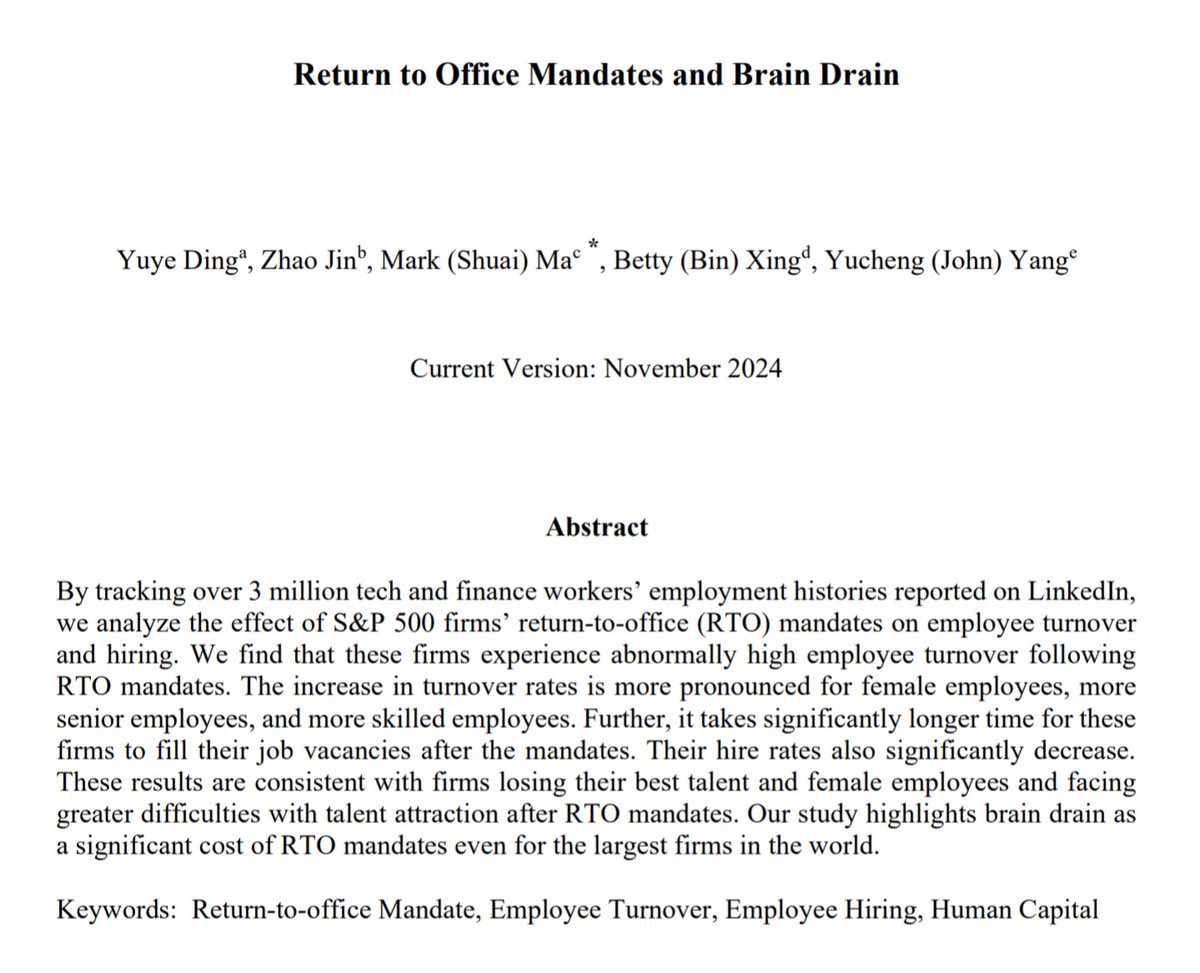 Return-to-office (RTO) mandates lead to abnormally high employee turnover, especially for female/more senior/more skilled employees. 

It also takes significantly longer to fill these job vacancies after RTO mandates.