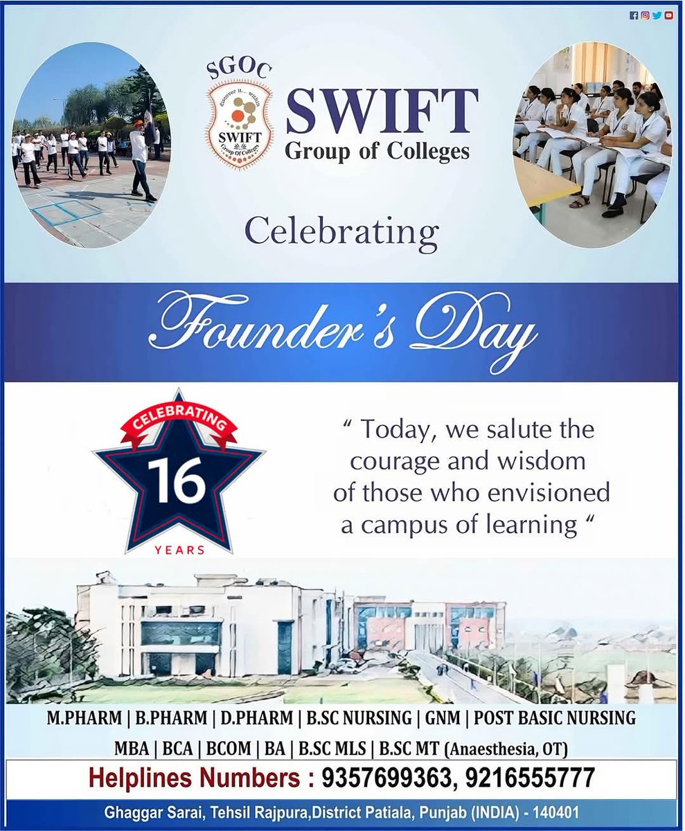 Swiftcolleges's tweet photo. On this Founders Day, let's honor the visionaries who laid the foundation of our college and inspired generations to strive for excellence.
HAPPY FOUNDER'S DAY...
#FoundersDay #founders  #visionaries #celebration #mission #Vision #dedication #SwiftGroupOfColleges #rajpura #punjab https://t.co/kGbCd0Sifq