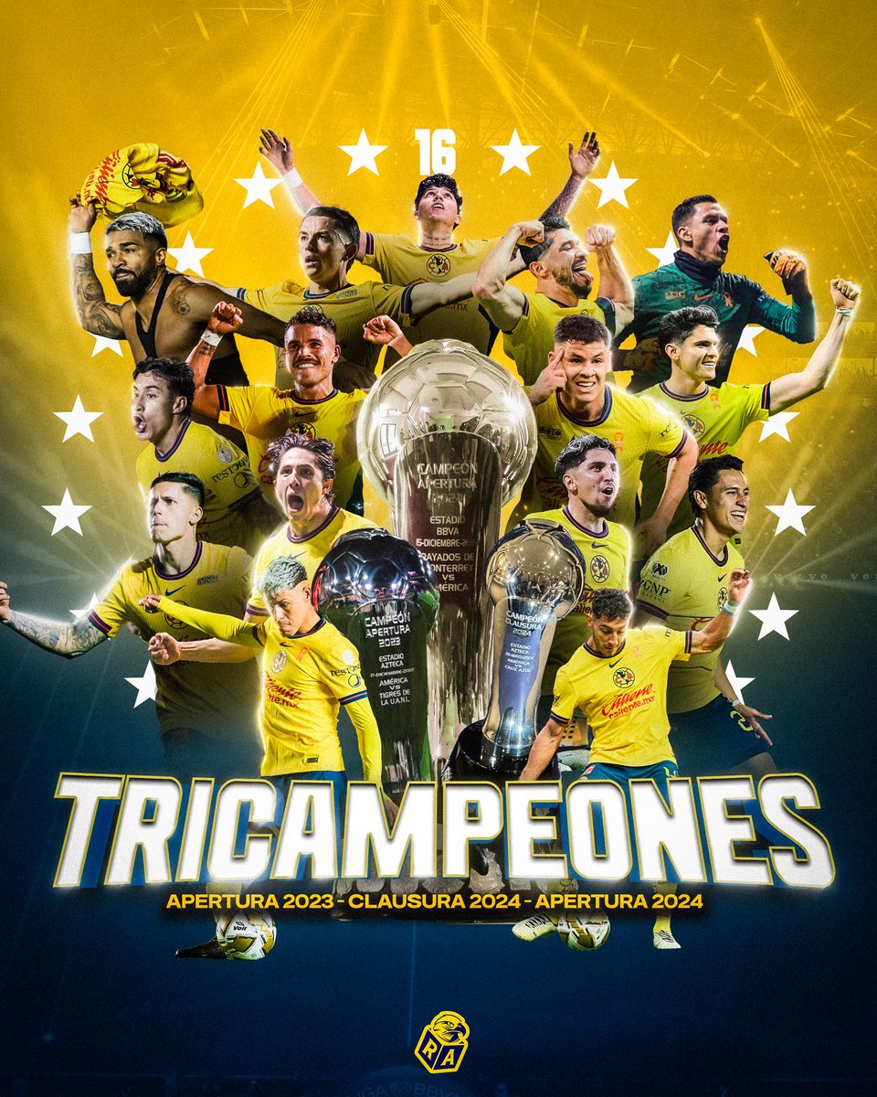 ¡¡¡¡¡EL CLUB AMÉRICA ES TRICAMPEÓN DEL FÚTBOL MEXICANO!!!! 🏆🏆🏆

¡¡¡¡¡EL CLUB AMÉRICA ES CAMPEÓN DE LA LIGA MX POR 16° OCASIÓN!!!! 💙💛

¡¡¡¡¡EL EQUIPO MÁS GRANDE DEL CONTINENTE SE CORONA OTRA VEZ!!!!! 🦅