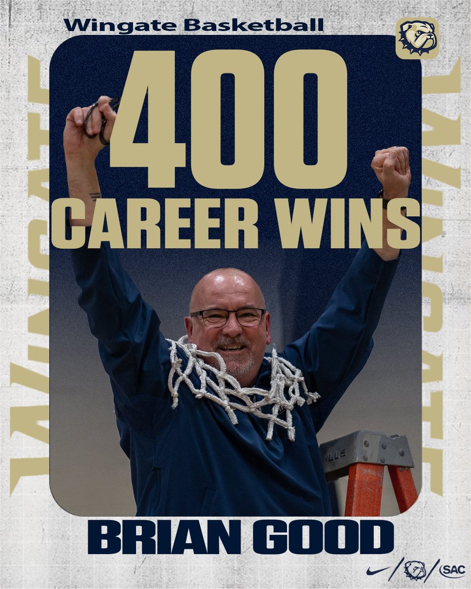 WU_Bulldogs's tweet photo. 4️⃣0️⃣0️⃣ WINS!

Congrats to reigning SAC Coach of the Year Brian Good! 

Sunday’s victory over Limestone gave the 3-time SAC champion coach his 400th career win! 

#OneDog | @WingateMBB https://t.co/R5O24RFrSQ