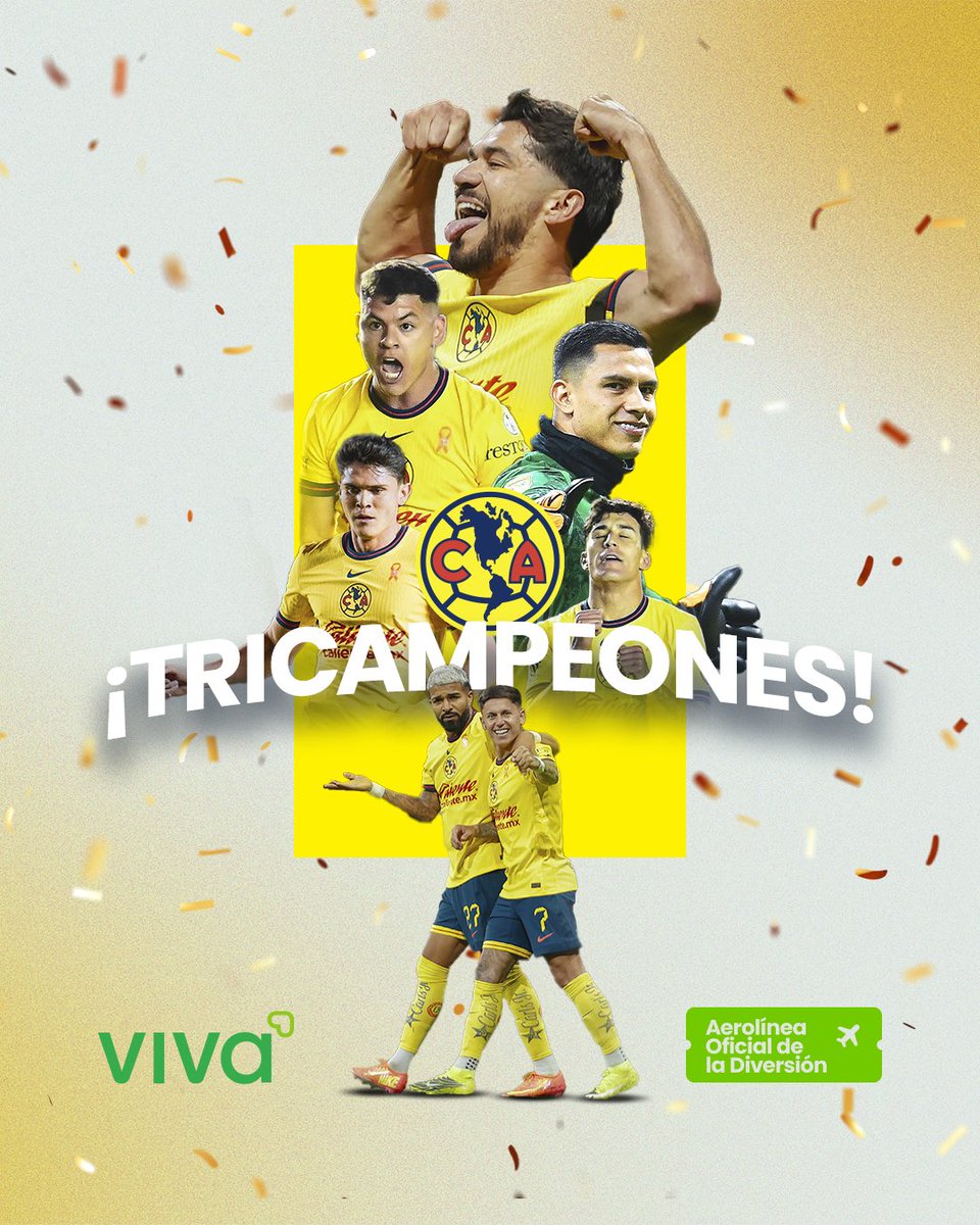 ¡Orgullosos de ser la aerolínea oficial de los Tricampeones! ✈️🦅🏆💚
¡El <a href="/ClubAmerica/">Club América</a> hace historia al convertirse en el primer equipo en ser tricampeón en el fútbol mexicano! ⚽💛💙 #VivaClubAmerica