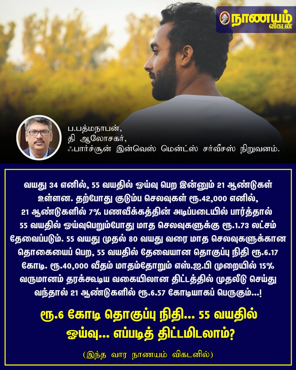 NaanayamVikatan's tweet photo. ரூ.6 கோடி தொகுப்பு நிதி... 55 வயதில் நிம்மதியாக ஓய்வு பெற எவ்வளவு முதலீடு, எப்படித் திட்டமிடலாம்?

#PersonalFinance | #Money | #Retirement 

https://t.co/or2krWNDwi https://t.co/UutYBHRYFz