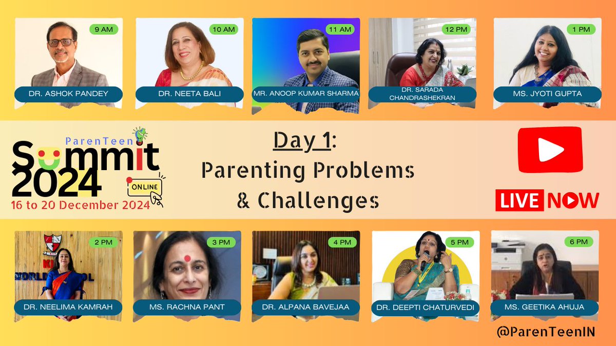 ParenTeenIN's tweet photo. 🎙️ Day 1: Parenting Problems &amp; Challenges
 🔸10 impactful sessions.

📅 Live today as per the schedule!

✨ Join us and take the first step toward stronger parent-teen relationships.

👉 Click here to watch: https://t.co/3Y2dlPnTZd

#ParenTeen #Online #Today https://t.co/mqJPvKxTrP