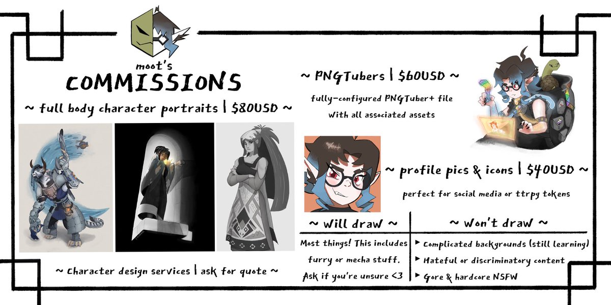 mootshell's tweet image. Comms are open! I just moved and anything you'd get from me would be a tremendous help with getting settled. 

Slots currently open: 
[1/5] Character Portraits
[0/5] PNGTubers
[4/10] Profile pics/icons