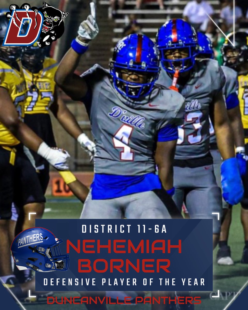 Duncanville High School Football 🏈 (@duncanville_fb) on Twitter photo Congratulations to our District 11-6A Defensive Player of the Year! <a href="/D1_Dgreat_/">Nehemiah “D’great” Borner</a>
Show some love! Congratulations to our District 11-6A Defensive Player of the Year! <a href="/D1_Dgreat_/">Nehemiah “D’great” Borner</a>
Show some love!