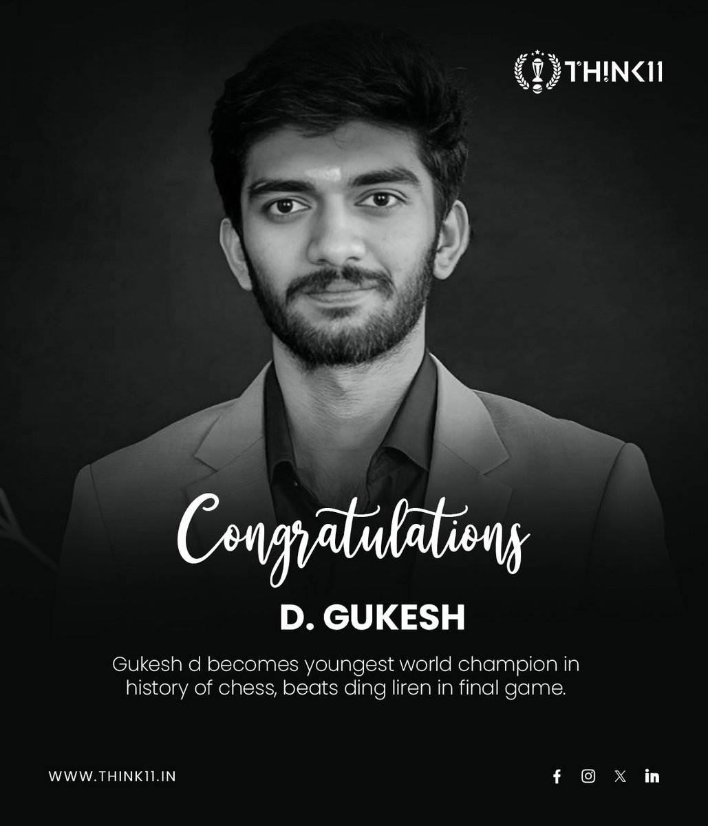 Think11app's tweet photo. 🎉 Youngest World Champion in Chess History! 🏆

Huge congratulations to D. Gukesh for defeating Ding Liren and creating history! 🌟🇮🇳

Your brilliance is unmatched! #DGukesh #ChessChampion #Think11

🔗 Join us: https://t.co/ZL24ygIAeO https://t.co/QR76uUzjRx