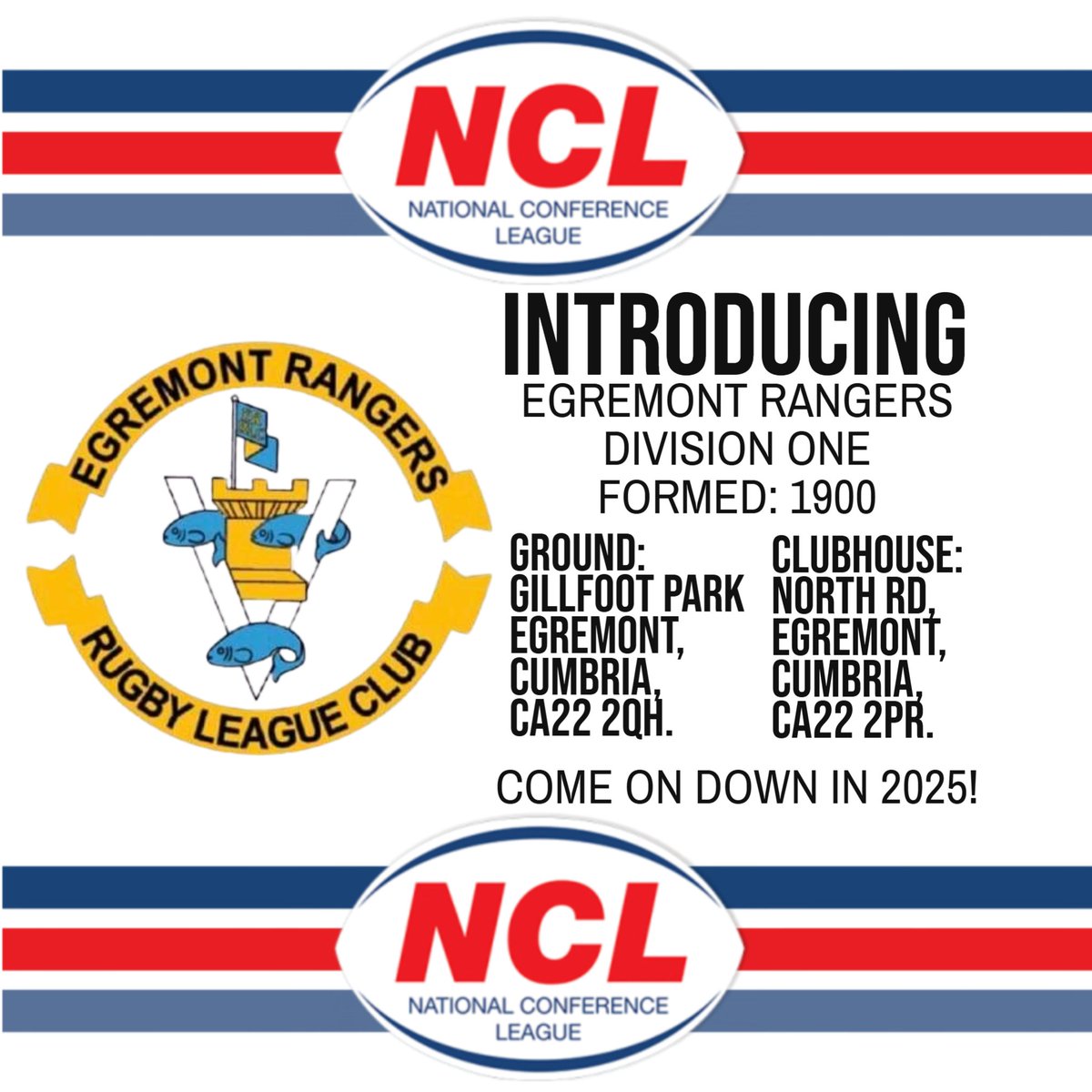 OfficialNCL's tweet image. @EgremontR  start life in Division One in 2025 season following relegation. They are our first side of the day being re-introduced to National Conference League fans ahead of Christmas.