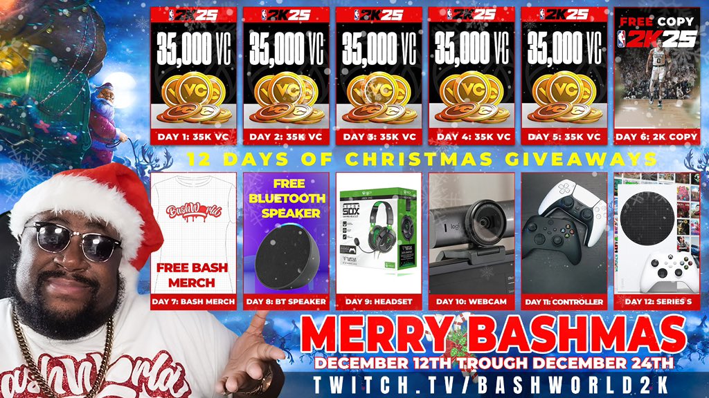 Bashworld2K's tweet photo. 🚨12 DAYS OF BASHMAS GIVEAWAY🚨

Day 4 Happy Sunday  !!! 

Win 35K Vc Via Cashapp or PayPal For free  All you have to do is follow @Bashworld2K &amp; Retweet this post winner will be picked in 24 hours Let’s go happy holidays 

#Bashmas #Giveaways https://t.co/YXz9OlwYzo