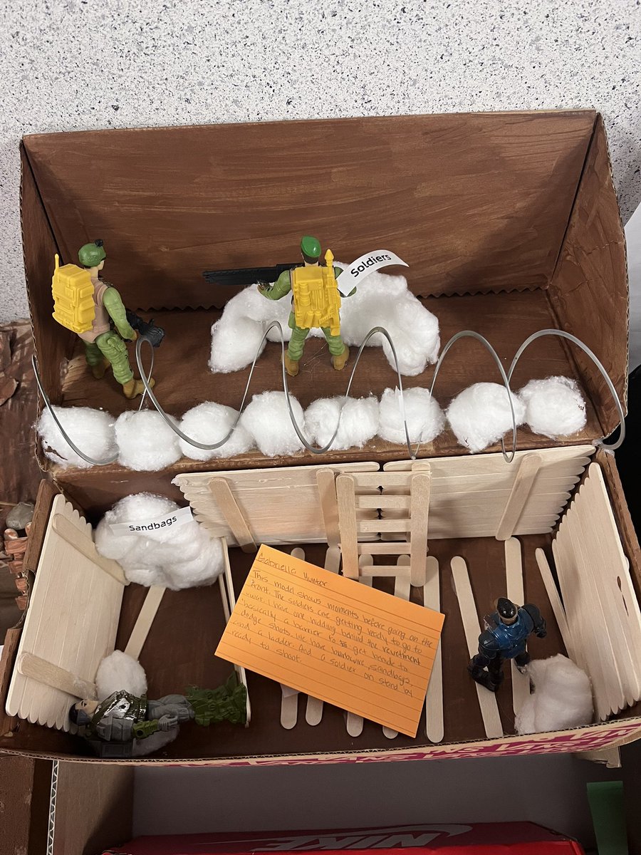 DemyaWheatfall's tweet photo. Super proud of my students’ recreations of trench warfare!! They really enjoyed showing me they understand All Quiet on the Western Front in a different way!! #differentiation #JMSELA8 #TOROSYOUKNOW🩵🖤🤍
@DrBrooks_2023 @EliaMartinez02 @Education1939
@JonesMS_AISD https://t.co/G6rhSfruOb