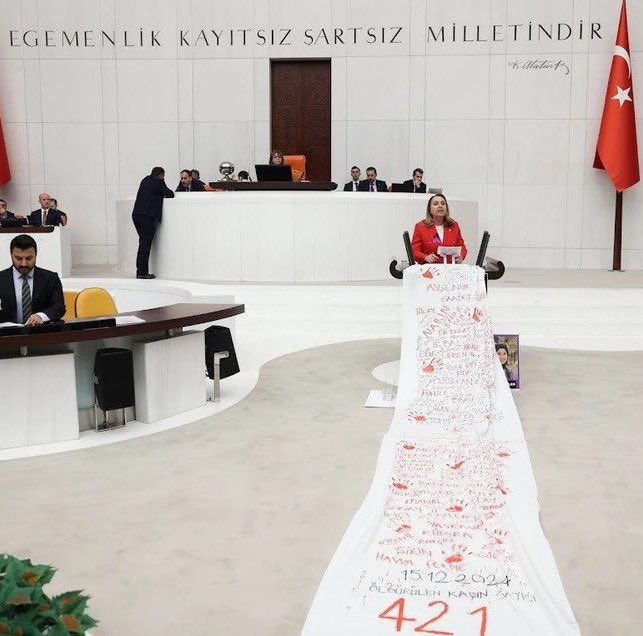 pusholder's tweet photo. CHP Milletvekili Semra Dinçer, 2024 yılında öldürülen kadınların isimlerinin yazılı olduğu bir kefenle Meclis kürsüsüne çıktı. https://t.co/0SPHKszivd