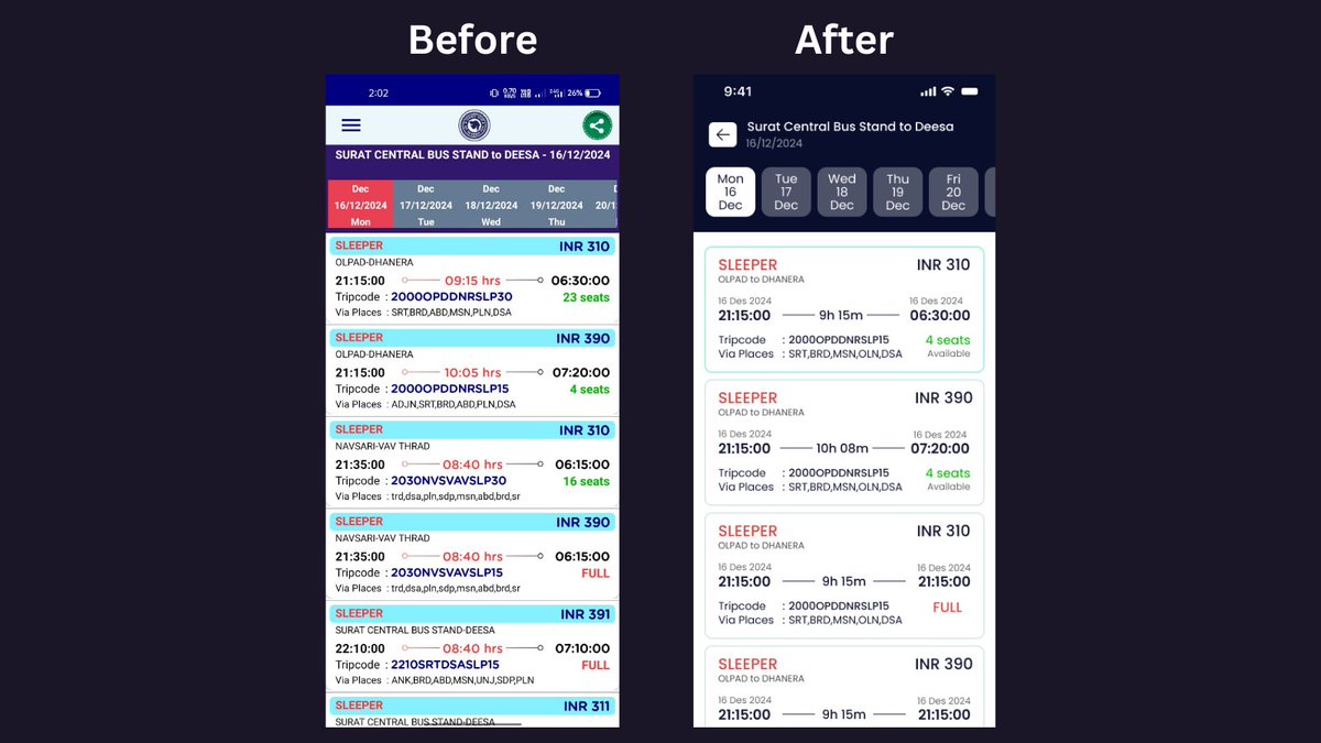 Kamlesh10216827's tweet image. Day 3/30: #30DayUIUXChallenge 🚀 Redesigned the Gujarat State Road Transport Corporation (GSRTC) bus schedule page for a cleaner, user-friendly experience. 🚌📅 Focused on usability &amp;amp; modern design. Feedback welcome! 💬 #UIDesign #UXDesign #GSRTC
