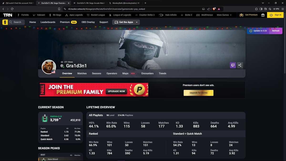 monkeybailss's tweet photo. This is embarrassing, long(ish) time viewer of my stream told me he locked in this season, then i find out he's been walling. using a streamer mode name does not make you anonymous btw. Please can we get this guy banned @UbisoftSupport @Ubisoft https://t.co/69BsDts6E4