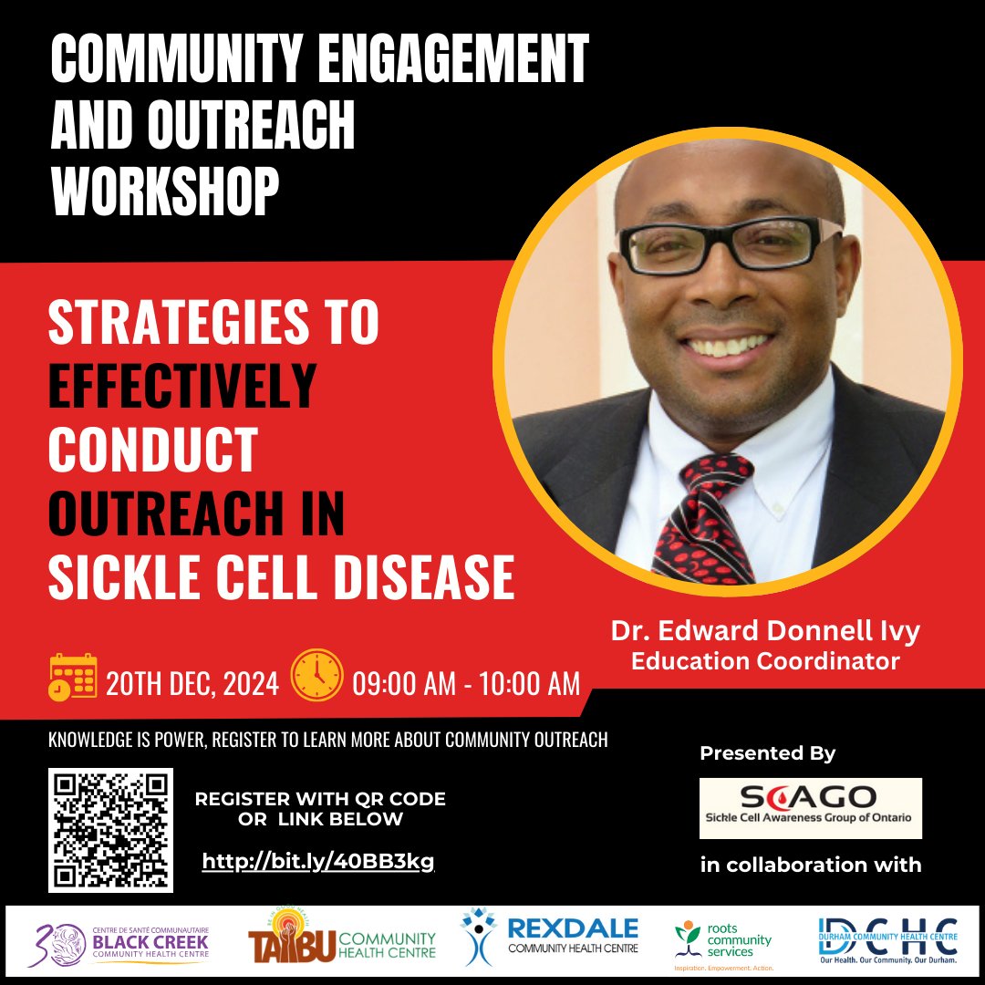 SCAGOSCD's tweet photo. 🌟 Ready to become a skilled community educator on Sickle Cell Disease?🌟 

Click here to register: https://t.co/vJOtecZoU9 and be part of the Community Engagement and  Outreach Workshop with  Dr. Edward Donnell Ivy

📅 Date: December 20, 2024 
⏰ Time: 9:00 AM - 10:00 AM https://t.co/WhcgAxF5HK