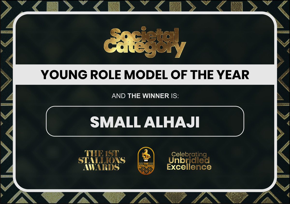 MakeMoneyMedia_'s tweet photo. π Celebrating Unbridled Excellence! π
Shining a spotlight on extraordinary achievers in the Societal Category at the 1st Stallions Awards π:
π Young Role Model of the Year: @smallalhaji_
#StallionAwards2024
#Strictly #CHEBRE #MNCMUN #Barcelona https://t.co/NOL635byeX