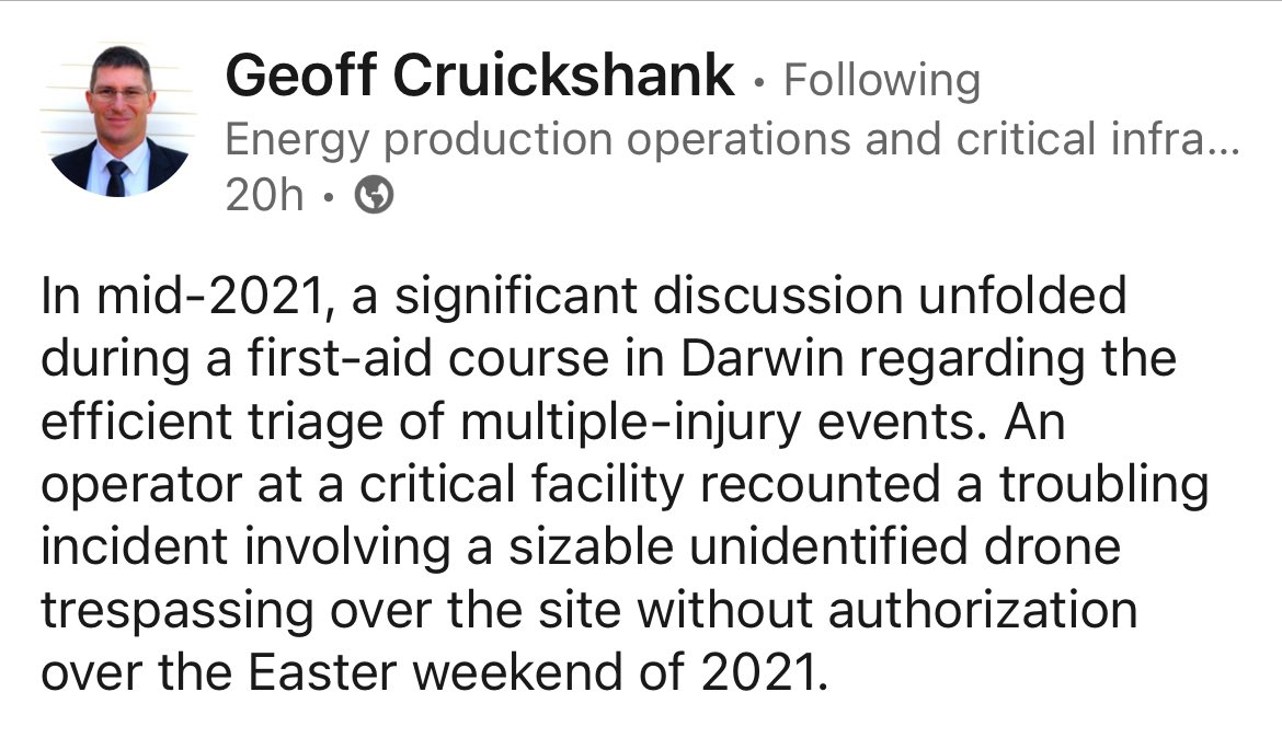 GrantLavac's tweet photo. Drones aren’t just a potential national security threat and safety of flight issue in the US…they are in Australia too, as Geoff Cruickshank points out in this LinkedIn post: https://t.co/r1CHOokU4c
#ufox #ufotwitter #dronex https://t.co/yvMxqKSVUL