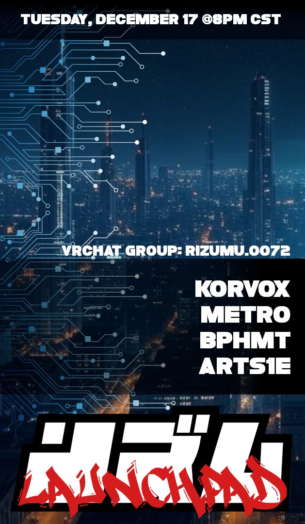 Join us for our monthly Launchpad event, TUESDAY!!!, December 17th @ 8PM CST!!

VRChat group: vrc.group/RIZUMU.0072

Never played at Rizumu? Signup Up For Launchpad:  forms.gle/LSGEKPVduejFGc…

#vrchat #PLUR