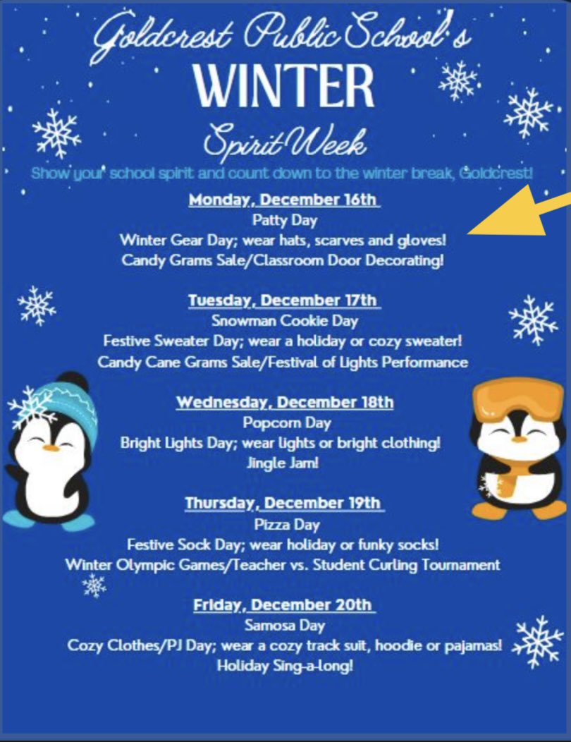 It is spirit week, Goldcrest! Participate in dress-up days, buy candy grams and give to our giving tree!