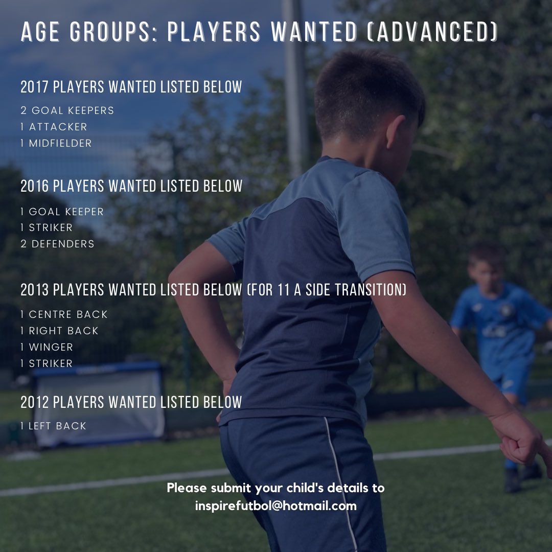 👀 | 𝙋𝙡𝙖𝙮𝙚𝙧𝙨 𝙒𝙖𝙣𝙩𝙚𝙙! (Advanced Level) 

✉️ inspirefutbol@hotmail.com