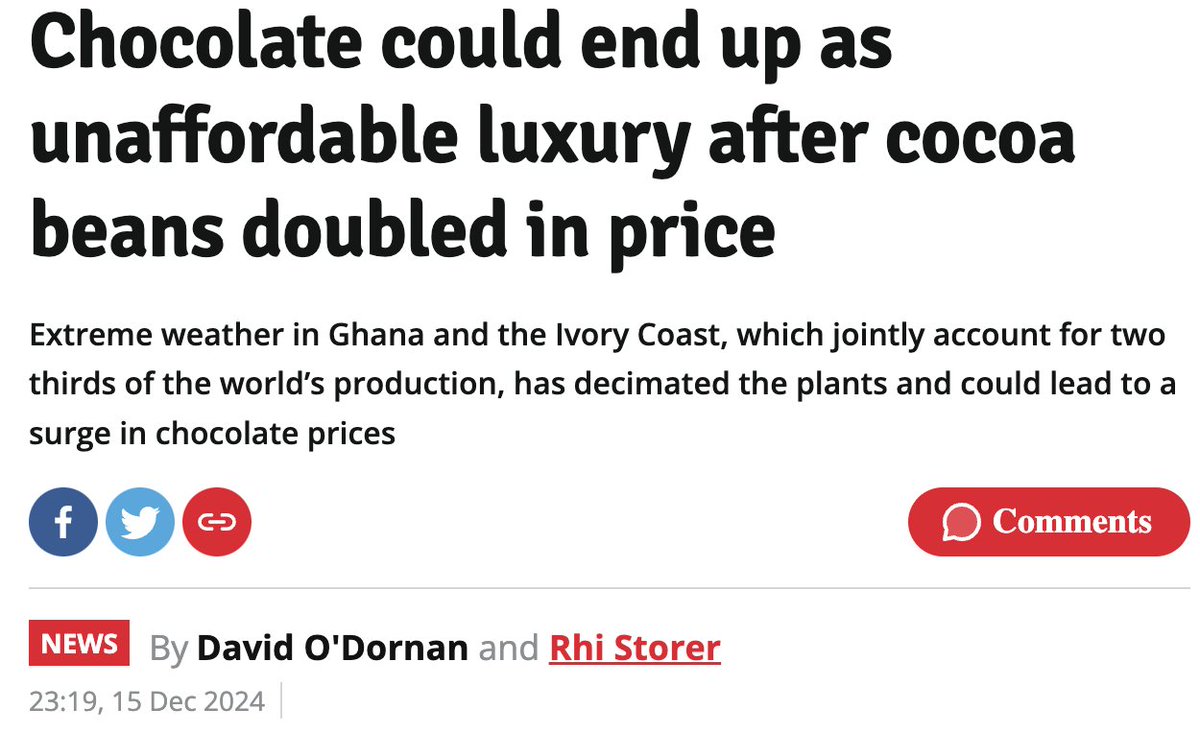 #Cacao #Cocoa $CC
'El chocolate podría terminar siendo un lujo inasequible después de que los granos de cacao duplicaran su precio. Las condiciones climáticas extremas en Ghana y Costa de Marfil, que en conjunto representan dos tercios de la producción mundial, han diezmado las