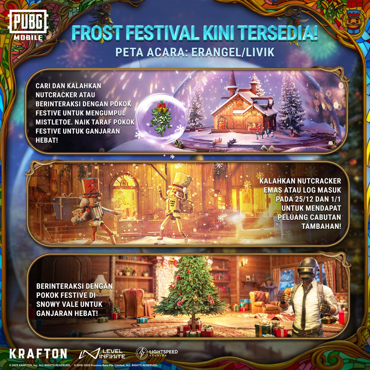 PUBGMMYOfficial's tweet photo. Masuk ke Snowy Vale dan alami keseronokan musim bersama Nutcracker!

Masuk ke acara Frost Festival PUBG MOBILE untuk menang pelbagai ganjaran menarik!

https://t.co/eBSdfR6D6L

#PUBGM350 #FrostFestival2024 #PUBGMOBILEC7S21 #PUBGMOBILE https://t.co/MFqDN4N1og