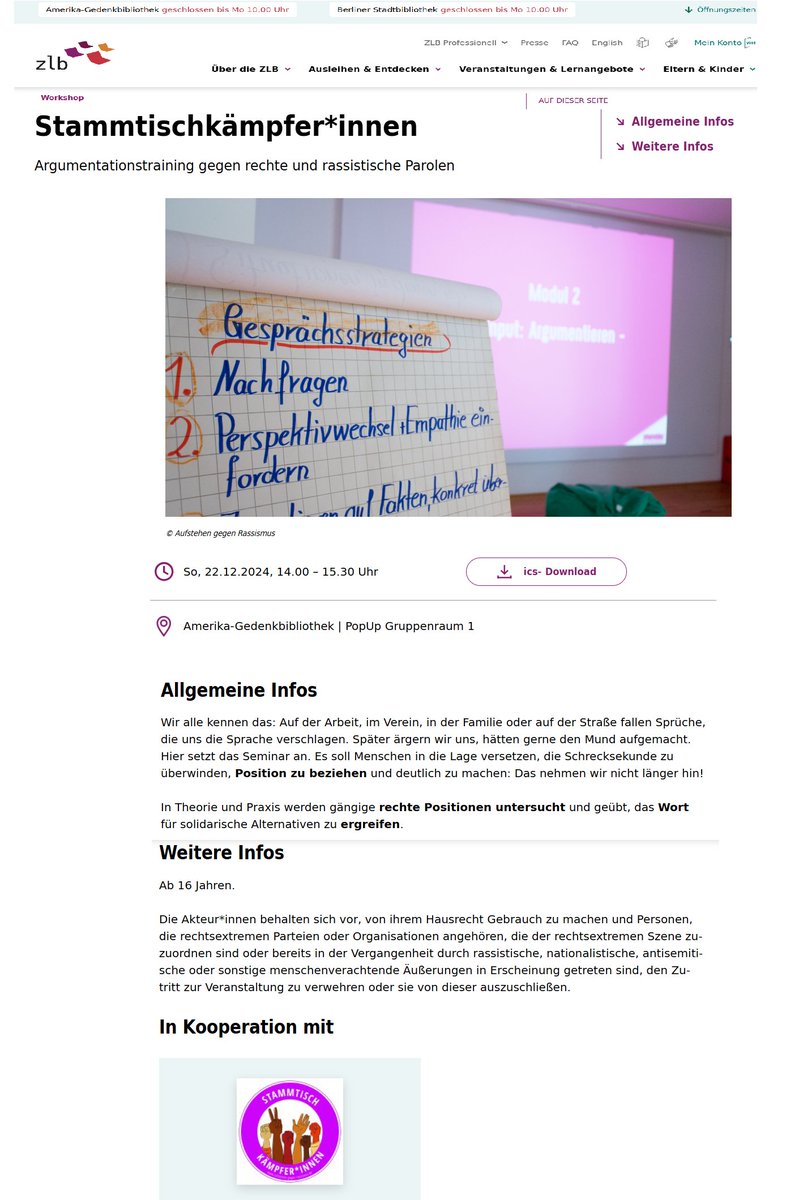 MollersPaul's tweet photo. @Spreeathen1 @querdenkenwatch fyi 
Und: Ein Workshop in der Amerika-Gedenkbibliothek von "Aufstehen gegen rechts".
Die AGB/ZLB ist nicht nur durch Pressesprecherin Anna Jacobi recht aktivistisch. Das Beiprogramm ist einseitig, höflich gesagt.
Shai Hoffmann #ndo #Gümüsay "#OffeneGesellschaft" https://t.co/CJ4i5TpR78