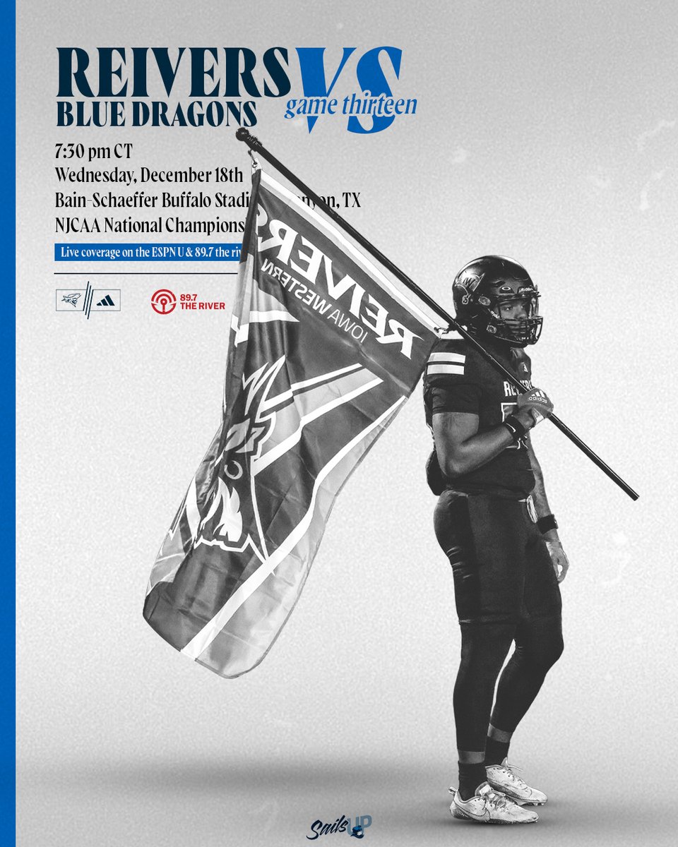 Iowa Western Reivers (@goreivers) on Twitter photo 🚨 GAMEDAY! 🚨
🔵: NJCAA National Championship
<a href="/ReiverFootball/">IWCC Reiver Football</a> 🆚 Hutchinson
⏰: 7:30 PM
📍: Bain-Schaeffer Buffalo Stadium | Canyon, TX
📺 Watch: <a href="/ESPNU/">ESPNU</a>
📻 Listen: <a href="/897theriver/">897TheRiver</a>
Live Stats: bit.ly/3OUIlc7
Game Notes: bit.ly/3T0pFKs
#SailsUP 🏴☠️ 🚨 GAMEDAY! 🚨
🔵: NJCAA National Championship
<a href="/ReiverFootball/">IWCC Reiver Football</a> 🆚 Hutchinson
⏰: 7:30 PM
📍: Bain-Schaeffer Buffalo Stadium | Canyon, TX
📺 Watch: <a href="/ESPNU/">ESPNU</a>
📻 Listen: <a href="/897theriver/">897TheRiver</a>
Live Stats: bit.ly/3OUIlc7
Game Notes: bit.ly/3T0pFKs
#SailsUP 🏴☠️