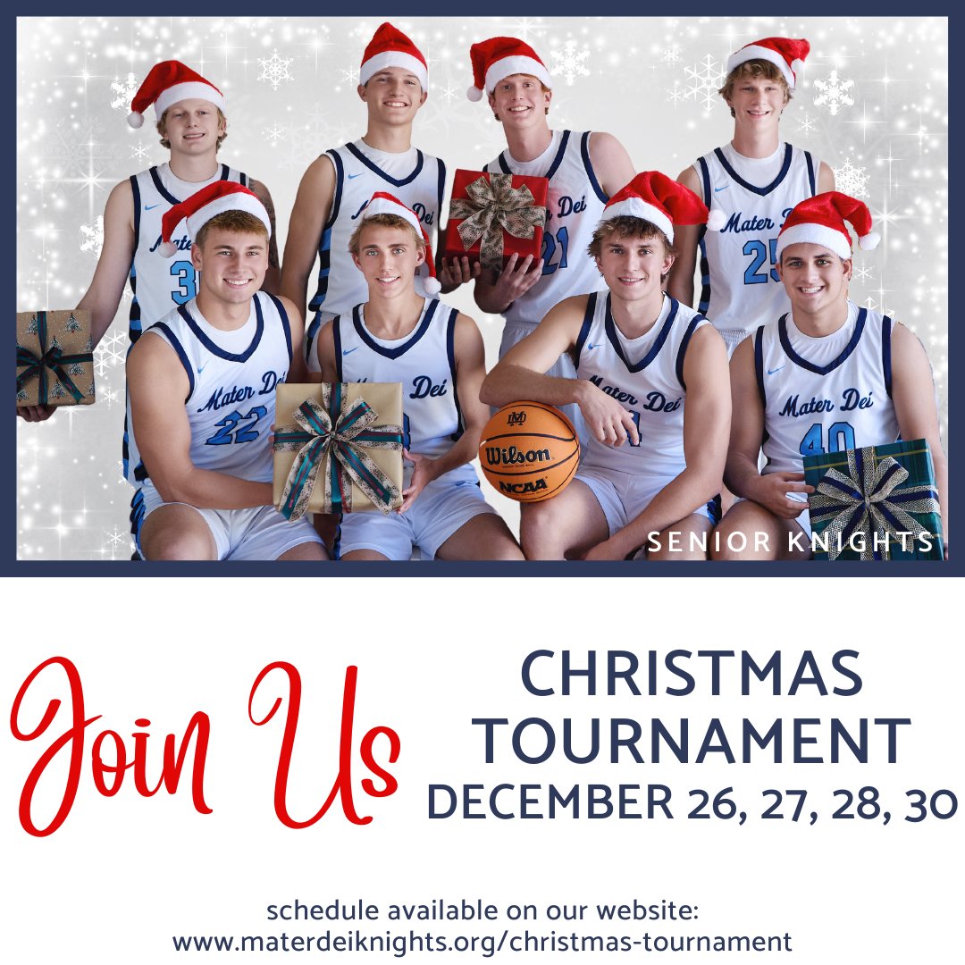 Enjoy four days of boys basketball at our 63rd Annual Christmas Tournament on December 26, 27, 28, and 30!

A printable schedule is available on our website: materdeiknights.org/christmas-tour…

Ticket sales ($7 per session) begin at the Knights' home game Tuesday.

#WeAreMD