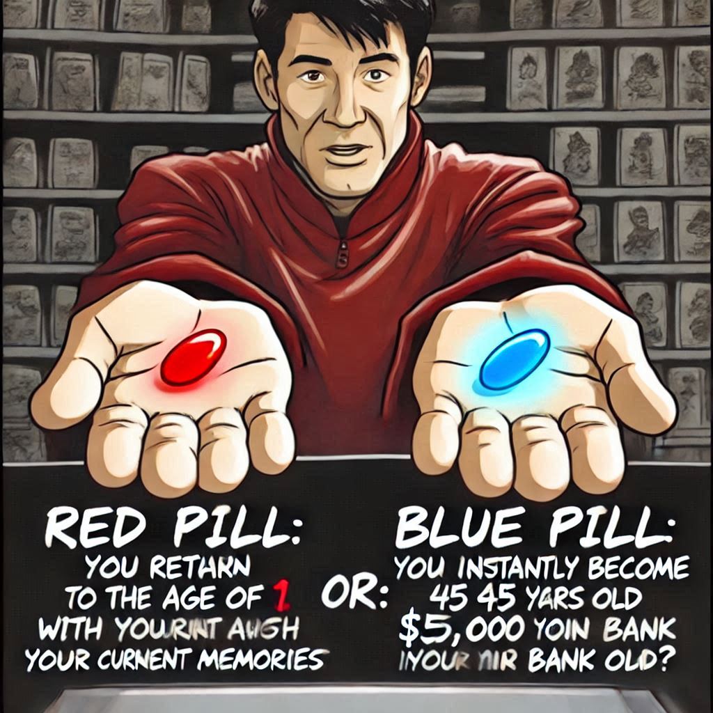 TomX_VPN's tweet photo. Red Pill: "You return to the age of 1 with your current memories."
 Blue Pill: "You instantly become 45 years old with $500,000 in your bank account." 

Which path would you choose? 🧠💰🔮 https://t.co/1u5lg4HWtT