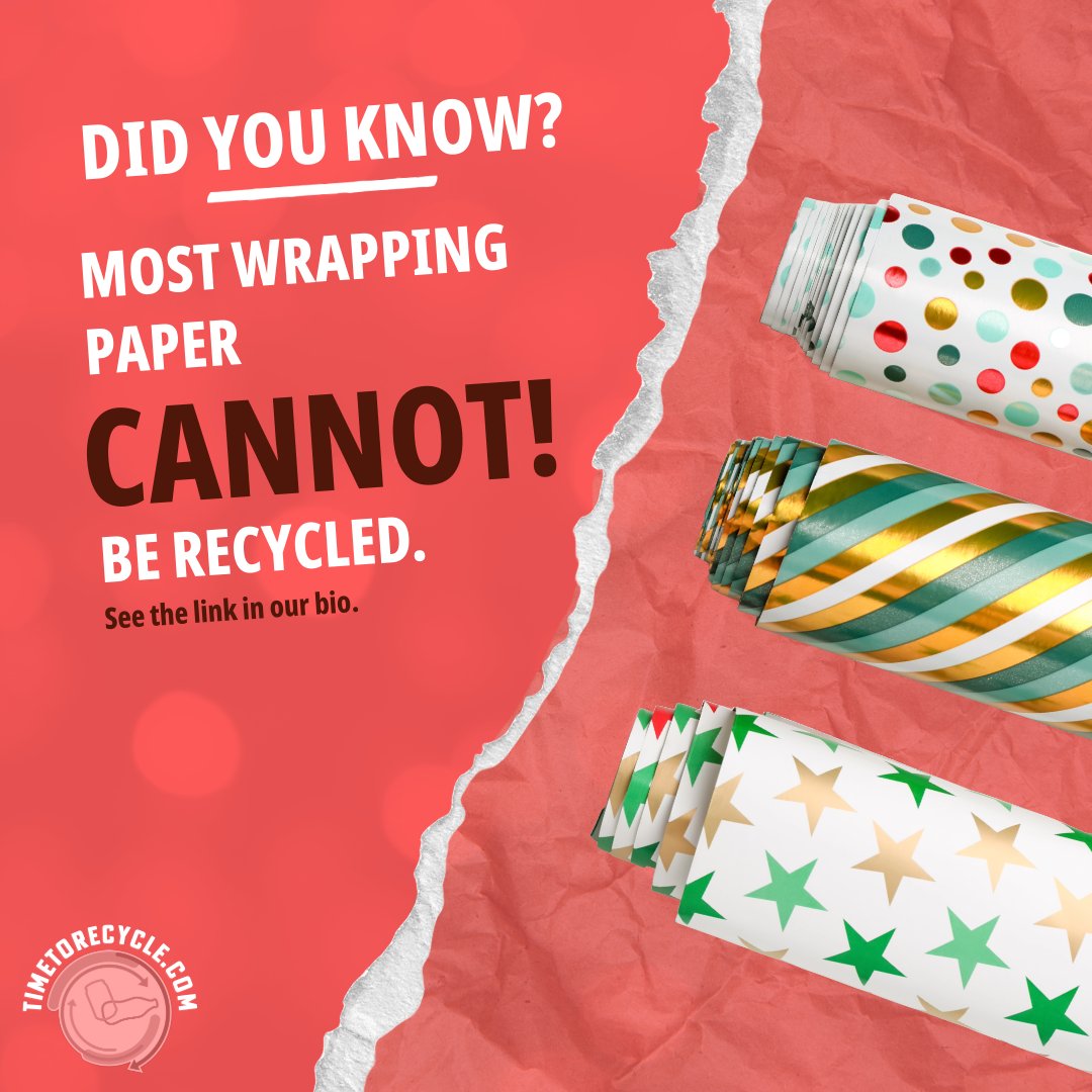TimeToRecycle's tweet photo. That’s a wrap! Most wrapping paper cannot be recycled ☹ See the link in our bio to see what facilities near you are accepting.
#Sustainability #GreenLiving #ZeroWaste #TimeToRecycle #KnowWhatToThrow #WrappingPaper #Gift #Reuse #Recycle https://t.co/mbpggXOyMj