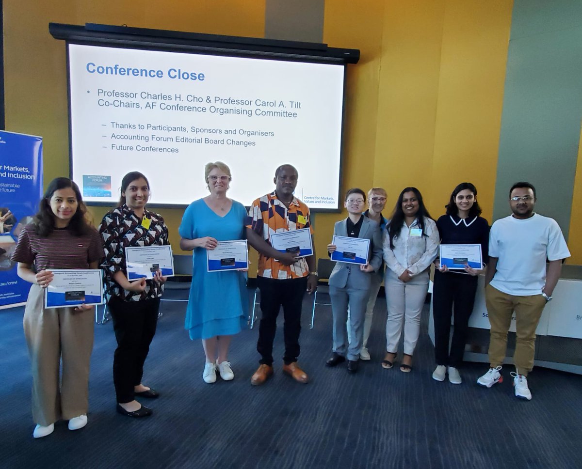Tilt0001's tweet photo. The Editors of Accounting Forum, Professors Carol Tilt, Charles H. Cho, Byron Song and Lisa  Baudot would like to thank all the participants of the Inaugural Accounting Forum #Conference for helping to make it a #successful event. 
@TandF_AccForum 
@UniSA_CMVI https://t.co/ZgqdTeponI