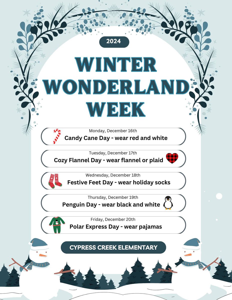 🎄✨ Winter Wonderland Week starts tomorrow!🎄✨ Our Student Leadership team has chosen some fun and festive themes for our otter community to enjoy. 🦦❄️ <a href="/cypresscreekvcs/">Cypress Creek</a> <a href="/KaniaKristina/">Kristina Kania</a> #OtterSuccess #VCSSuccess #VCSFamily #VCSTogether #ottersmatter #EmpoweringExcellence 🎄✨