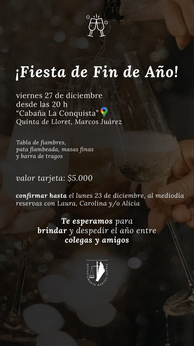 abogadosMJ's tweet photo. 🎄 ¡Te esperamos para compartir el brindis de #findeaño entre colegas y amigos!

👉 Confirmar a las vías de comunicación habituales del colegio.

Reservas hasta el próximo lunes 23 📲 https://t.co/QUyvLSFQcN