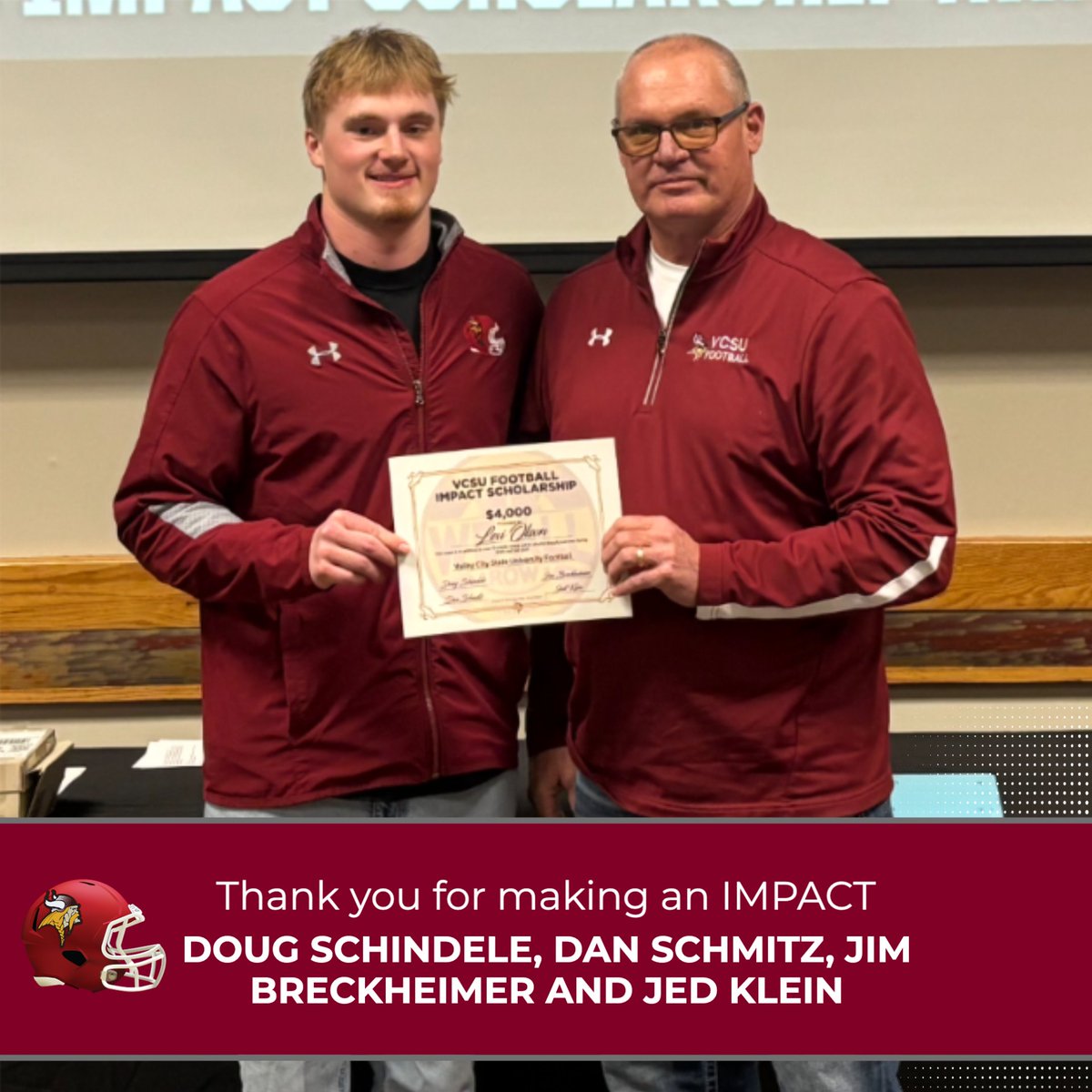 Viking Football proudly announces that Levi Olson earned an Impact Scholarship!

On top of Levi's 12 credit per semester scholarship, Levi will receive an additional $4,000 to return in the Spring and Fall!

Thank you to D. Schindele, D. Schmitz, J. Breckheimer &amp; J. Klein!