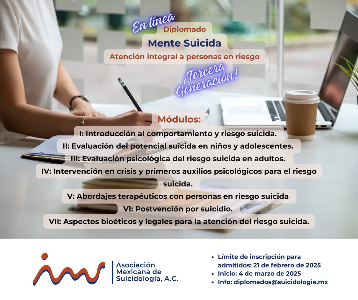 ¡Hasta un 30% de beca para los profesionistas de la #Psicología antes del 31 de diciembre!* Manda correo a diplomados@suicidologia.mx ¡Invierte en tu especialización y empieza el 2025 con el mejor #diplomado en #Suicidología!
*Aplican términos y condiciones.