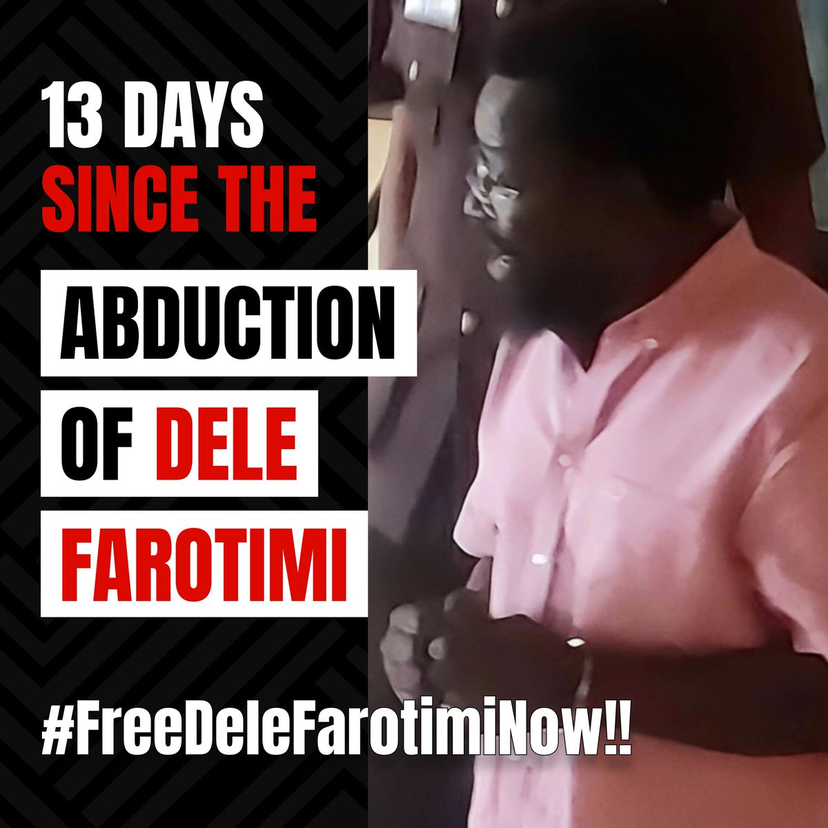 AishaYesufu's tweet photo. It’s now 13 days since Nigeria Police @PoliceNG abducted Mr Dele Farotimi from his office in Lagos, took him to Ekiti State and charged him for a crime that doesn’t exist in Ekiti State

#FreeDeleFarotimiNow https://t.co/oEnQgVkbnj